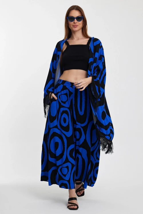 Maxi Boy Saks Püskül Detaylı Kimono Ve Bol Kesim Pantolon Dokuma Viscon Alt Üst Takım BCVL-251018