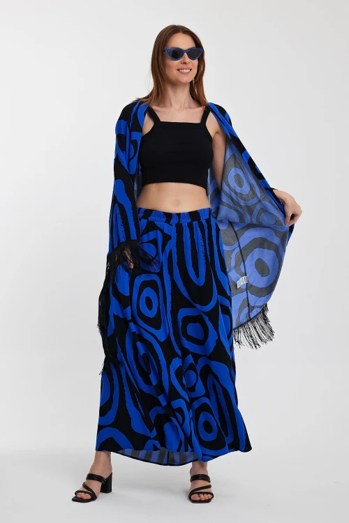 Maxi Boy Saks Püskül Detaylı Kimono Ve Bol Kesim Pantolon Dokuma Viscon Alt Üst Takım BCVL-251018