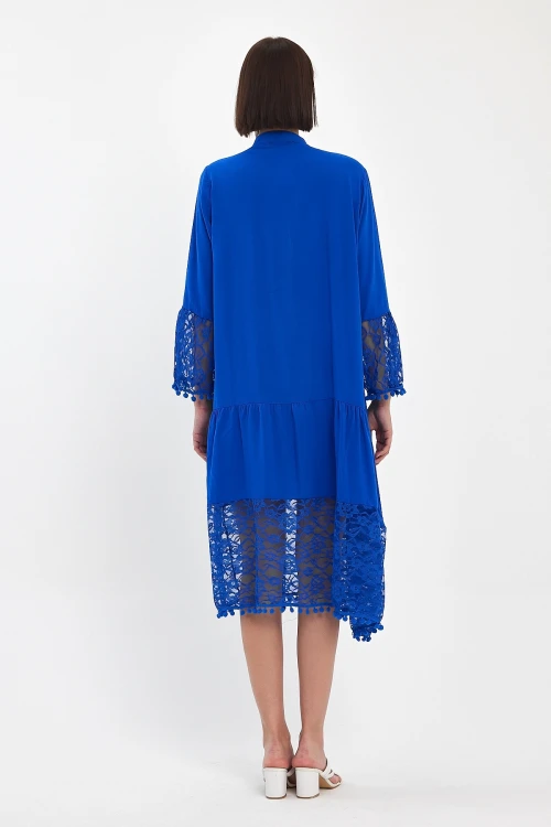 Maxi Boy Saks Tül Detaylı Uzun Boy Dokuma Viscon Elbise BCVL-25983