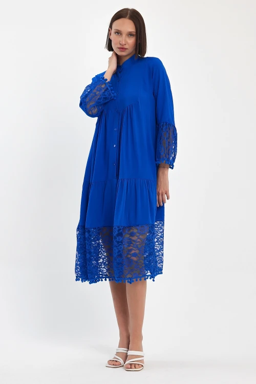 Maxi Boy Saks Tül Detaylı Uzun Boy Dokuma Viscon Elbise BCVL-25983