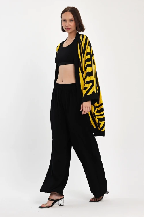 Maxi Boy Sarı Baskılı Kimono Ve Pantolon Dokuma Viscon Alt Üst Takım BCVL-251061