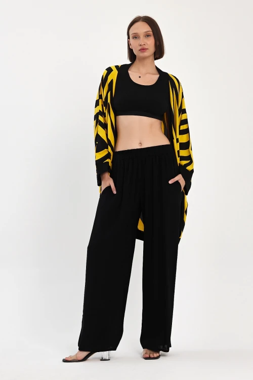 Maxi Boy Sarı Baskılı Kimono Ve Pantolon Dokuma Viscon Alt Üst Takım BCVL-251061