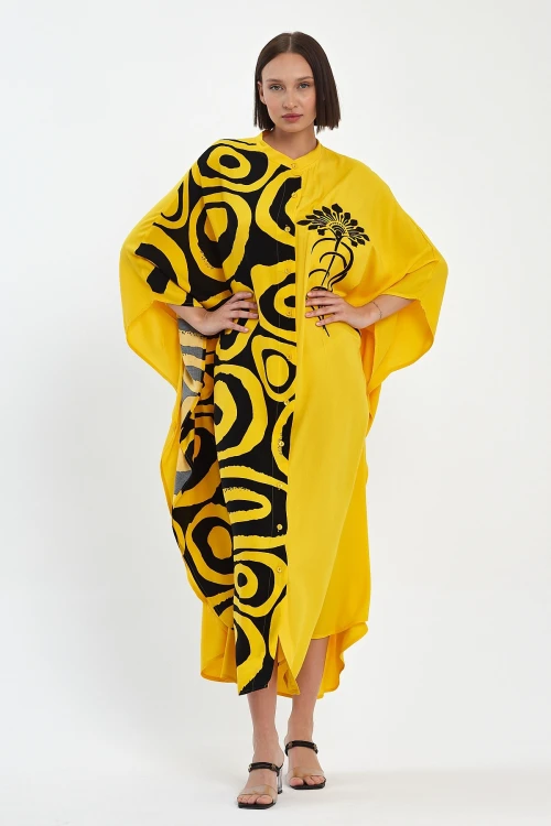 Maxi Boy Sarı Nakış İşlemeli Dokuma Viscon Elbise BCVL-251033