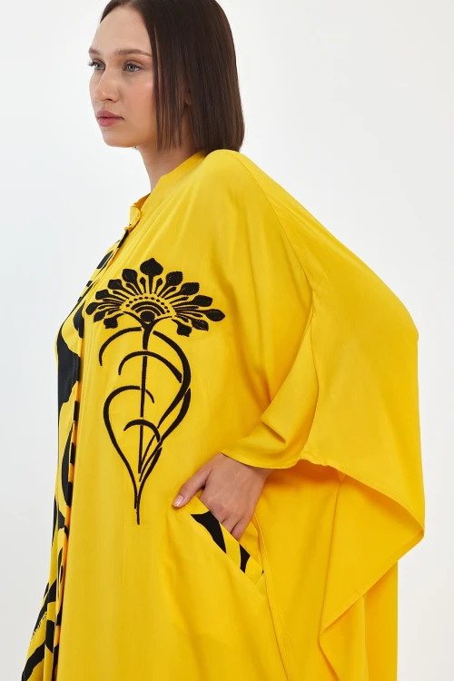 Maxi Boy Sarı Nakış İşlemeli Dokuma Viscon Elbise BCVL-251033