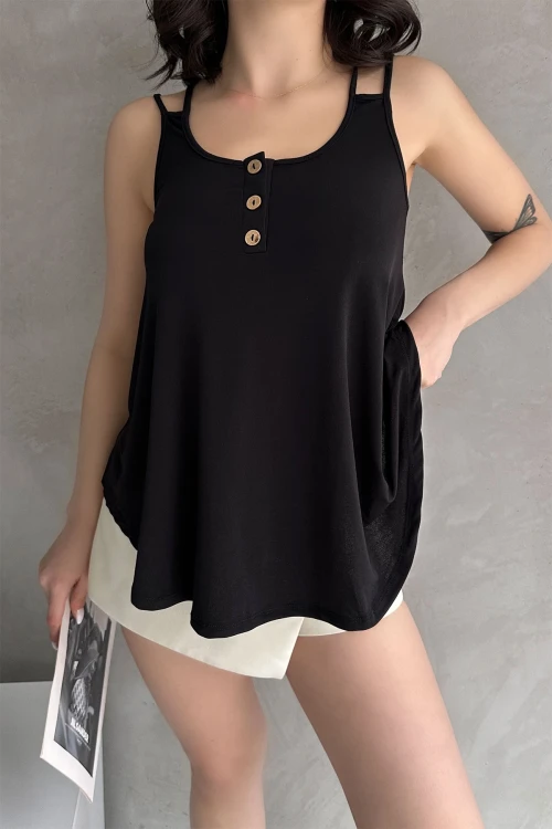 Siyah Askılı Düğme Detaylı Bluz