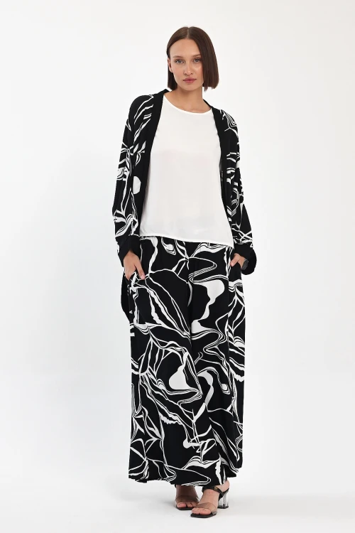 Maxi Boy Siyah Baskılı Kimono Ve Pantolon Dokuma Viscon Alt Üst Takım BCVL-251068