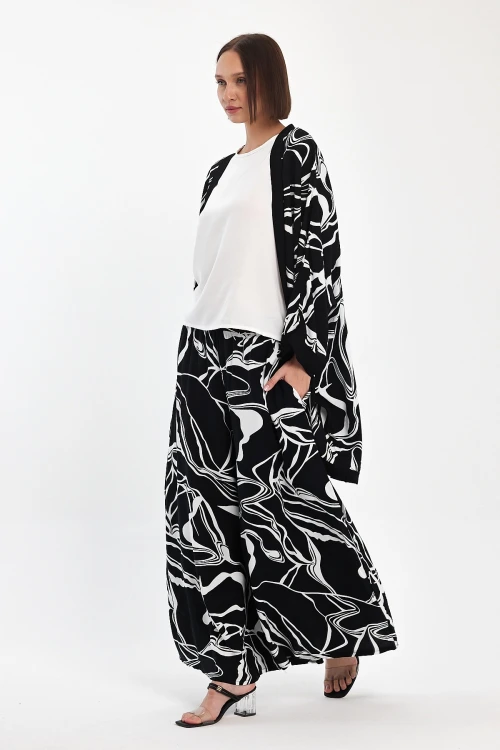 Maxi Boy Siyah Baskılı Kimono Ve Pantolon Dokuma Viscon Alt Üst Takım BCVL-251068