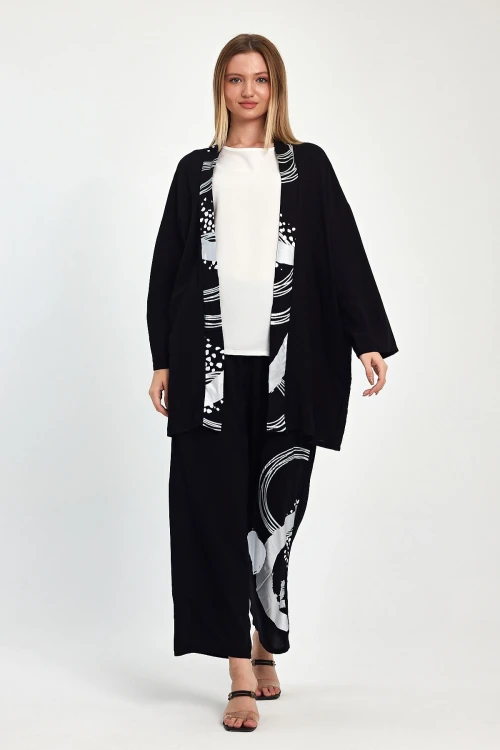 Maxi Boy Siyah Beyaz Baskılı Kimono Ve Pantolon Dokuma Viscon Alt Üst Takım BCVL-251084