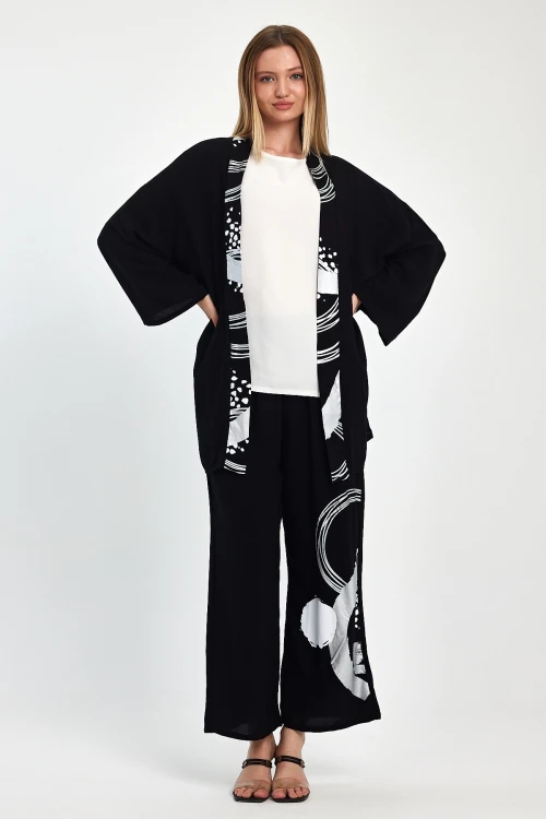 Maxi Boy Siyah Beyaz Baskılı Kimono Ve Pantolon Dokuma Viscon Alt Üst Takım BCVL-251084