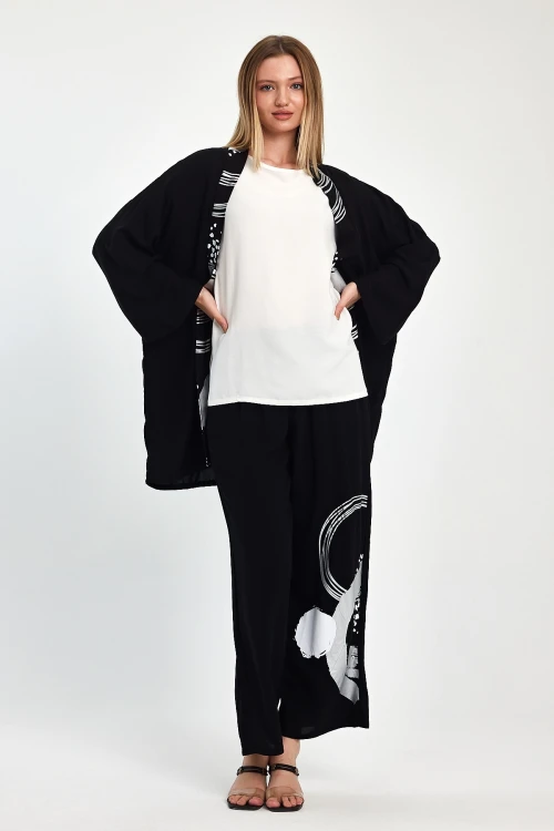 Maxi Boy Siyah Beyaz Baskılı Kimono Ve Pantolon Dokuma Viscon Alt Üst Takım BCVL-251084