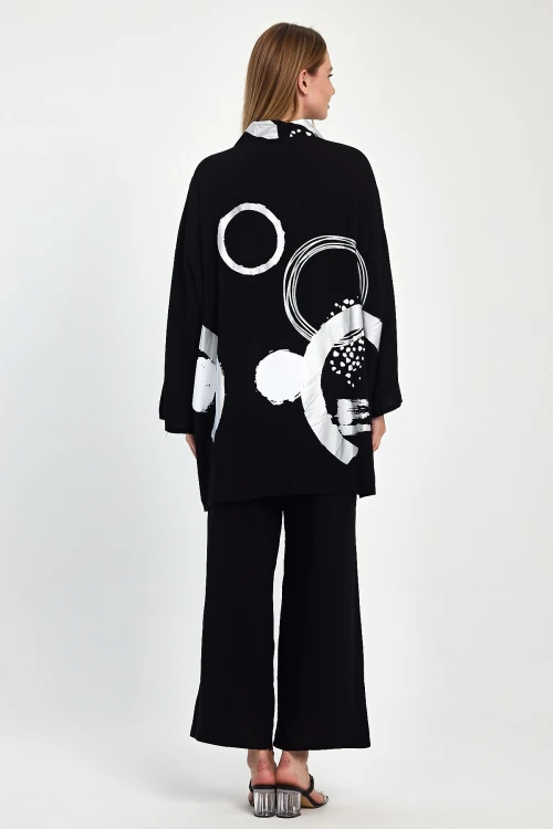 Maxi Boy Siyah Beyaz Baskılı Kimono Ve Pantolon Dokuma Viscon Alt Üst Takım BCVL-251084