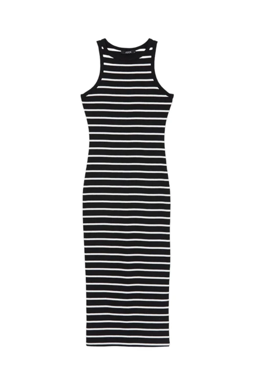 Siyah Beyaz Halter Yaka Vücudu Saran Örme Elbise BC25PKN06