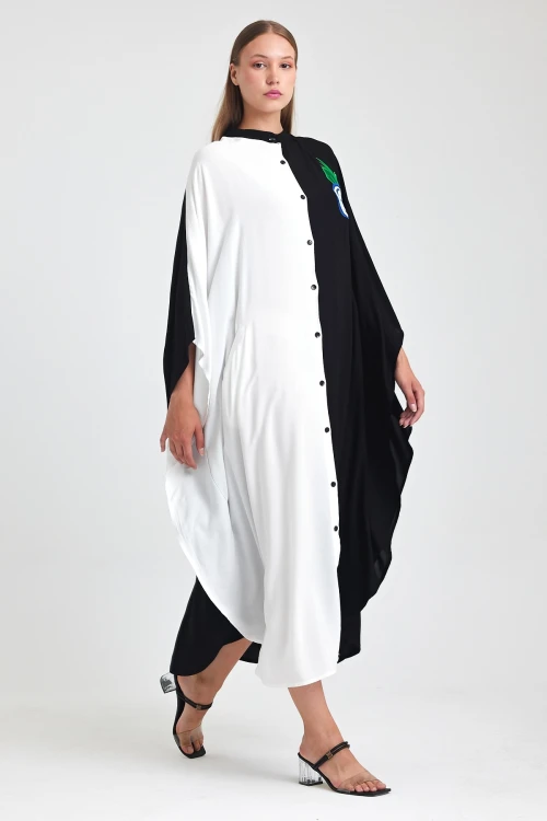 Maxi Boy Siyah Beyaz Nakış İşlemeli Dokuma Viscon Elbise BCVL-25993-1