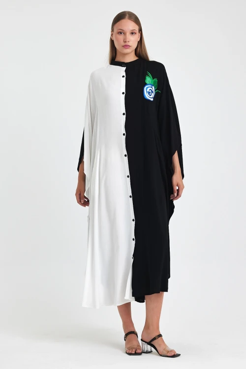 Maxi Boy Siyah Beyaz Nakış İşlemeli Dokuma Viscon Elbise BCVL-25993-1