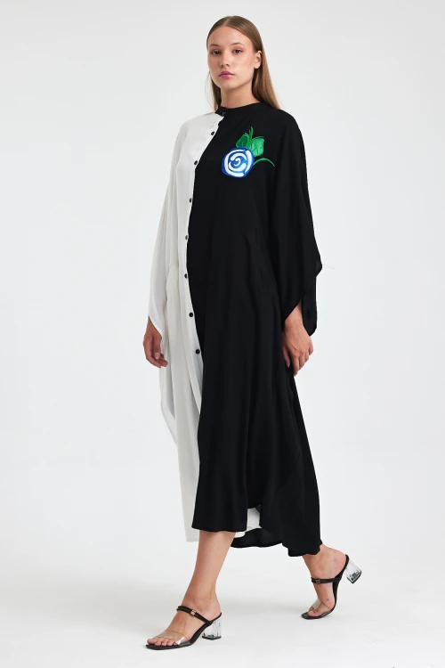 Maxi Boy Siyah Beyaz Nakış İşlemeli Dokuma Viscon Elbise BCVL-25993-1