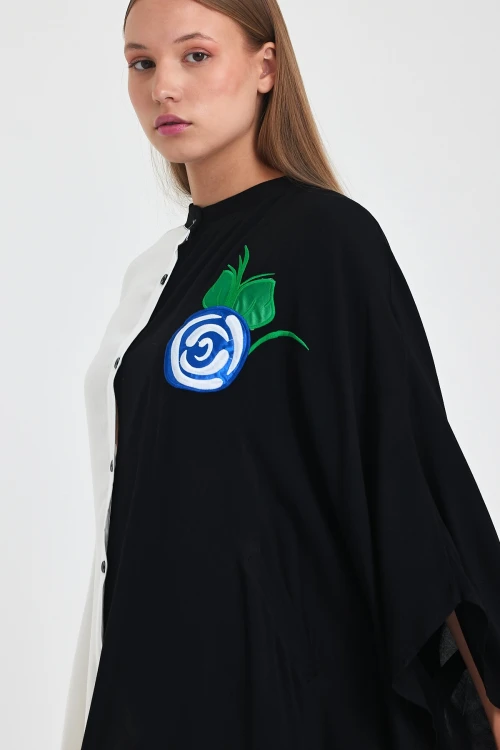 Maxi Boy Siyah Beyaz Nakış İşlemeli Dokuma Viscon Elbise BCVL-25993-1