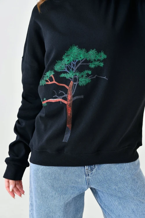 Siyah Bisiklet Yaka Baskılı 2 İplik Sweatshirt BC24YG1084-2