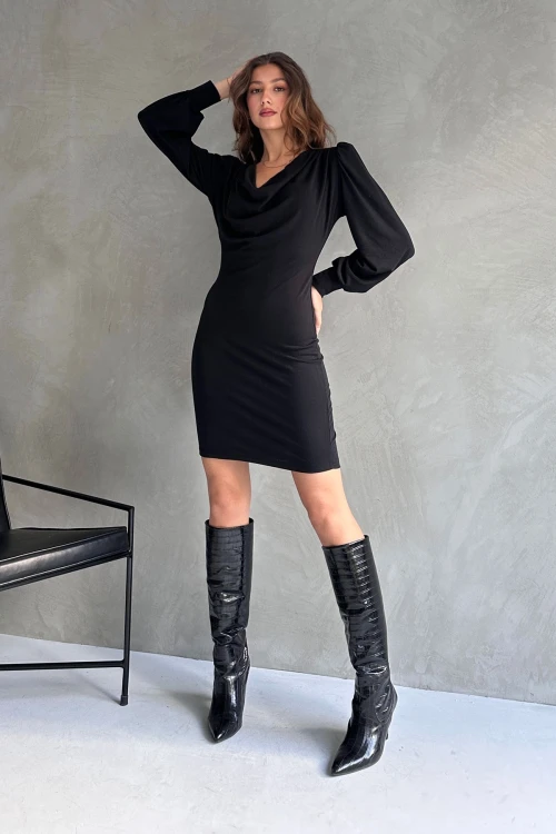 Siyah Degaje Yaka Mini Elbise BCDF-242135