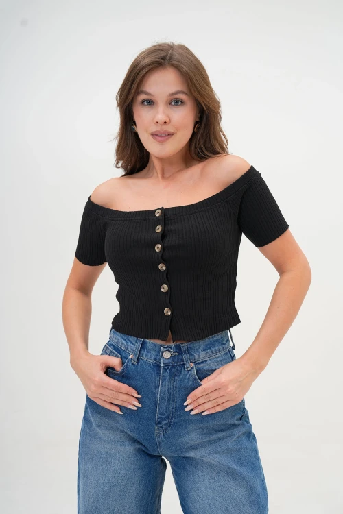 Siyah Düğme Detaylı Fitilli Kaşkorse Bluz BC25PKN05