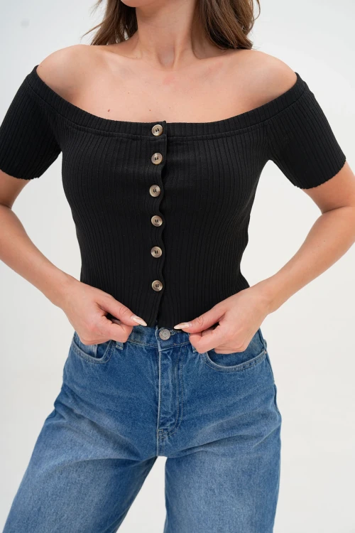 Siyah Düğme Detaylı Fitilli Kaşkorse Bluz BC25PKN05
