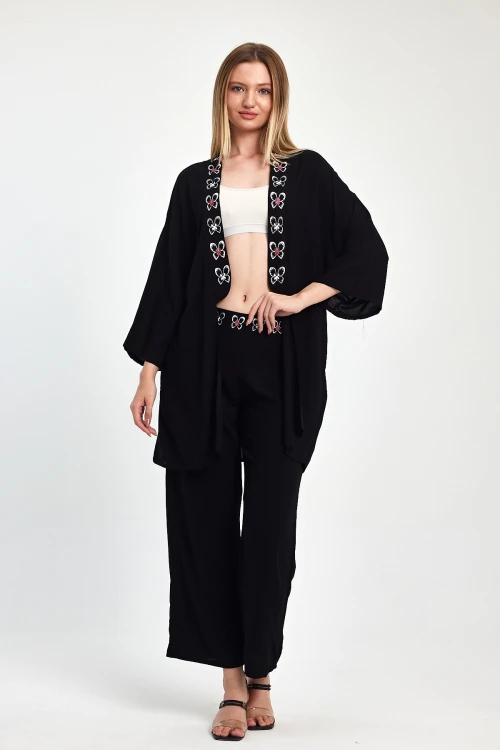 Maxi Boy Siyah Fuşya Nakış İşlemeli Ceket Ve Pantolon Dokuma Viscon Alt Üst Takım BCVL-251056