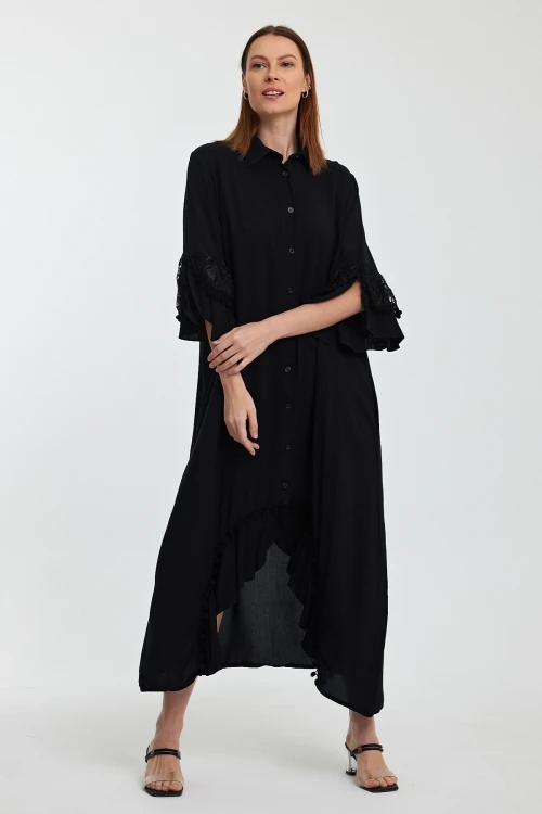 Maxi Boy Siyah Güpür Detaylı Dokuma Viscon Elbise BCVL-25S50