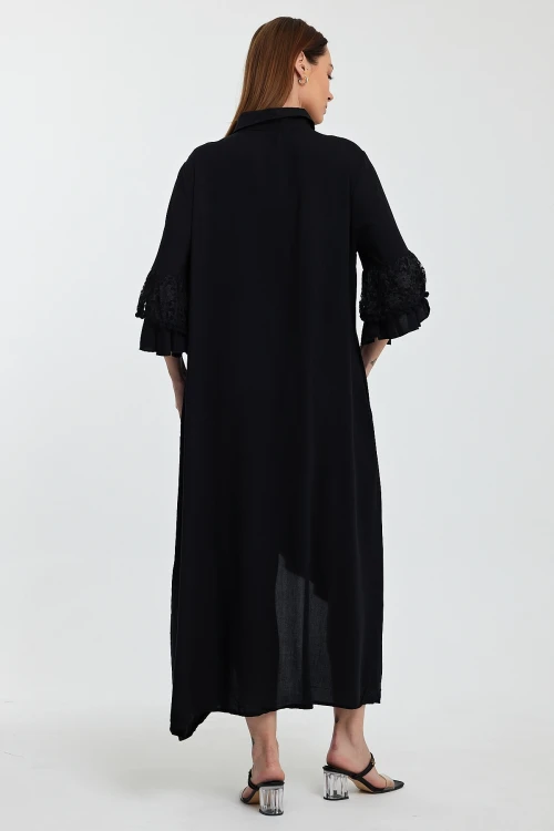 Maxi Boy Siyah Güpür Detaylı Dokuma Viscon Elbise BCVL-25S50