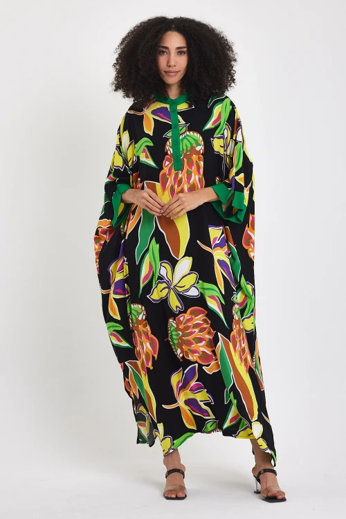 Maxi Boy Siyah Hakim Yaka Çiçek Desenli Uzun Boy Dokuma Elbise BCVL-24969