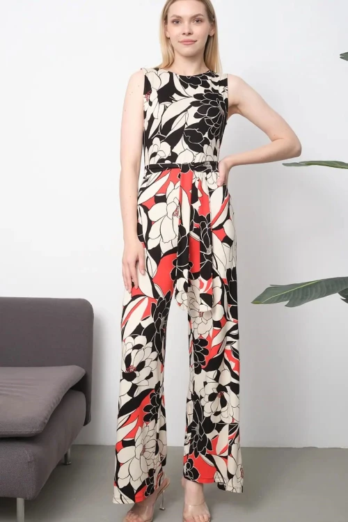 Siyah-Kırmızı Desenli Beli Kuşaklı Örme Viscon Tulum BCVS-252087