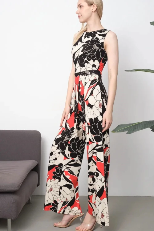 Siyah-Kırmızı Desenli Beli Kuşaklı Örme Viscon Tulum BCVS-252087