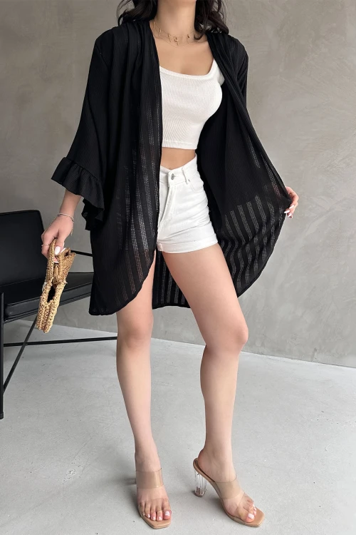 Siyah Kolları Volanlı File Hırka BCDF-252171