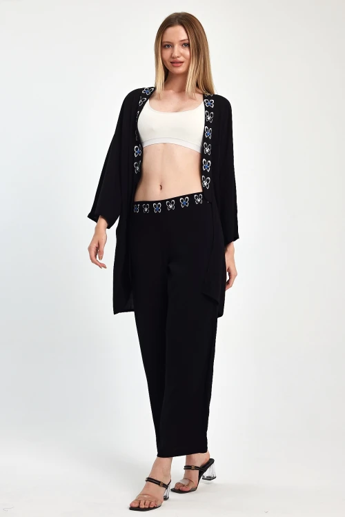 Maxi Boy Siyah Mavi Nakış İşlemeli Ceket Ve Pantolon Dokuma Viscon Alt Üst Takım BCVL-251056