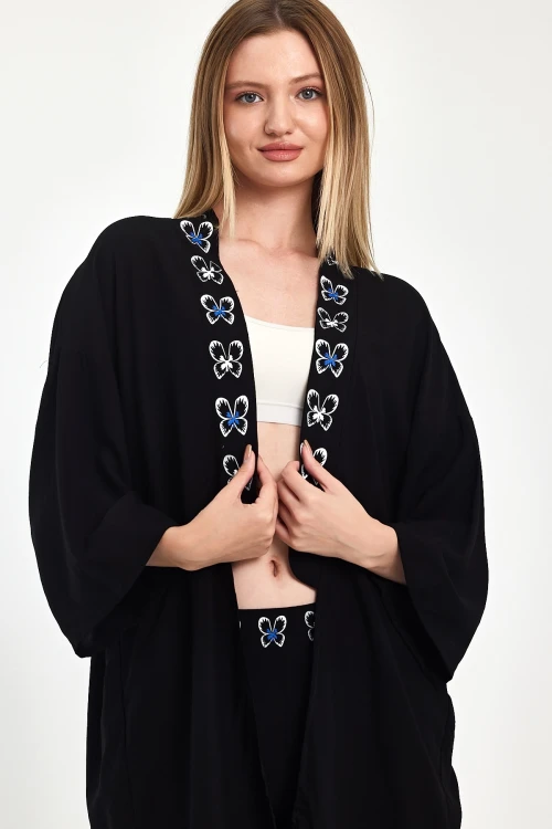 Maxi Boy Siyah Mavi Nakış İşlemeli Ceket Ve Pantolon Dokuma Viscon Alt Üst Takım BCVL-251056