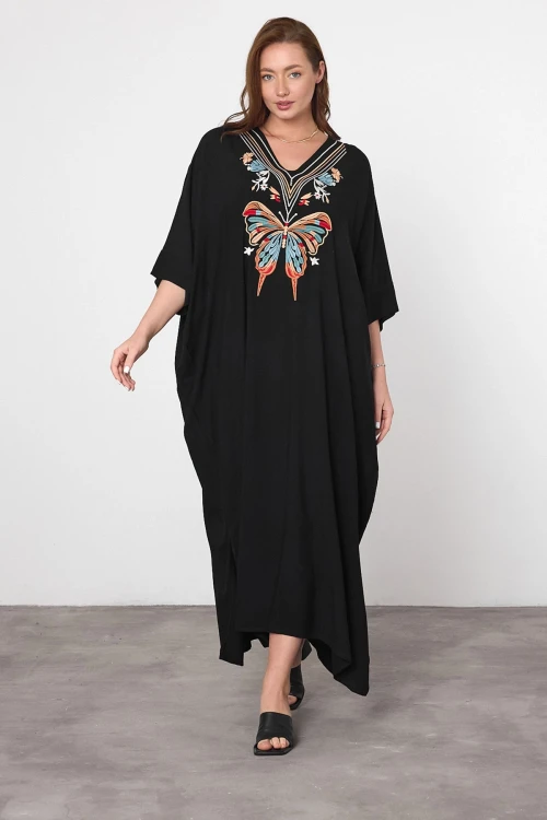 Maxi Boy Siyah Mavi Nakış İşlemeli Dokuma Viscon Elbise BCVL-25V046