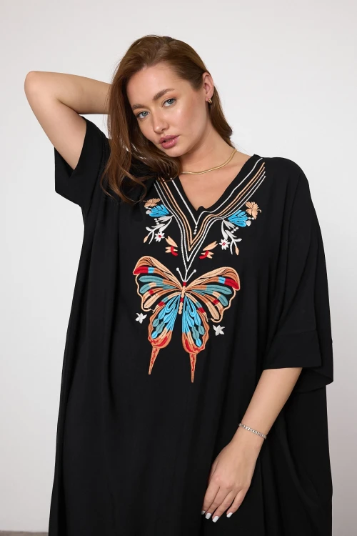 Maxi Boy Siyah Mavi Nakış İşlemeli Dokuma Viscon Elbise BCVL-25V046