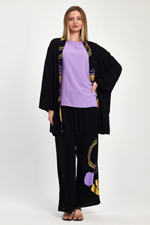 Maxi Boy Siyah Mor Baskılı Kimono Ve Pantolon Dokuma Viscon Alt Üst Takım BCVL-251084