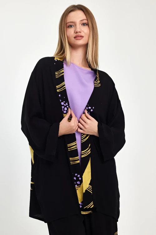 Maxi Boy Siyah Mor Baskılı Kimono Ve Pantolon Dokuma Viscon Alt Üst Takım BCVL-251084