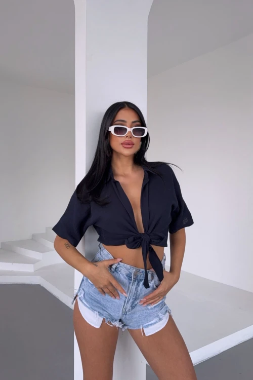 Siyah Müslin Keten Bağlamalı Bluz BCBT-251000