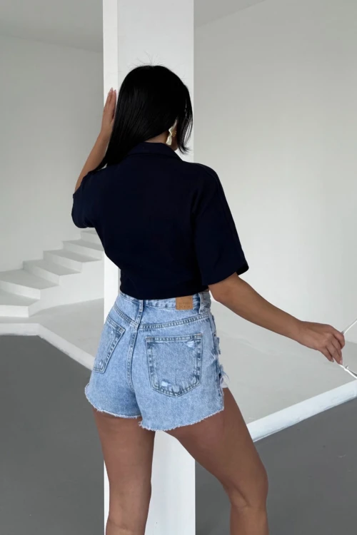 Siyah Müslin Keten Bağlamalı Bluz BCBT-251000