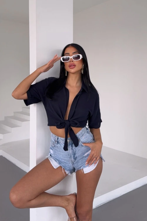 Siyah Müslin Keten Bağlamalı Bluz BCBT-251000