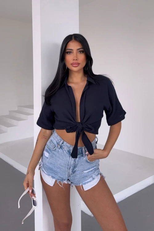 Siyah Müslin Keten Bağlamalı Bluz BCBT-251000