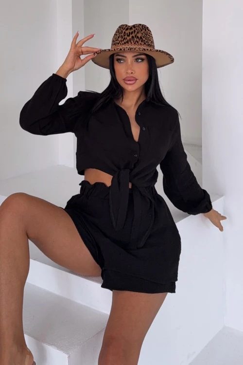 Siyah Müslin Keten Şortlu Alt Üst Takım BCBT-251001