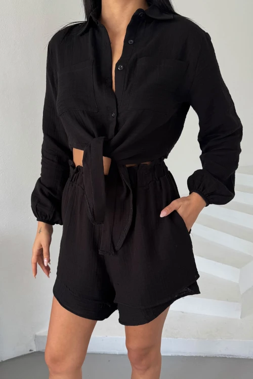 Siyah Müslin Keten Şortlu Alt Üst Takım BCBT-251001