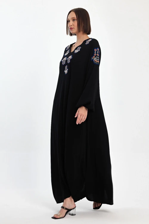 Maxi Boy Siyah Nakış İşlemeli Dokuma Viscon Elbise BCVL-251044