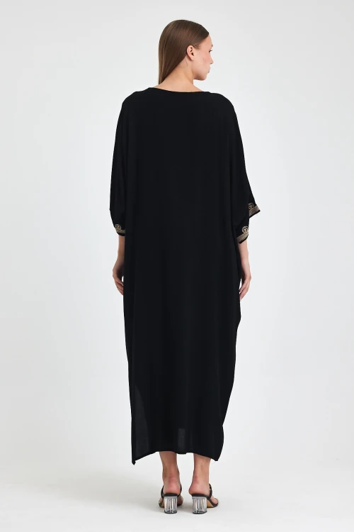 Maxi Boy Siyah Nakış İşlemeli Dokuma Viscon Elbise BCVL-251086