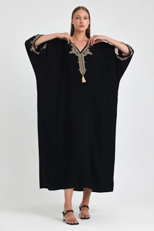 Maxi Boy Siyah Nakış İşlemeli Dokuma Viscon Elbise BCVL-251086