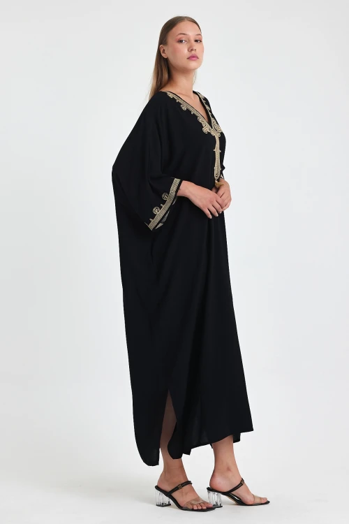 Maxi Boy Siyah Nakış İşlemeli Dokuma Viscon Elbise BCVL-251086