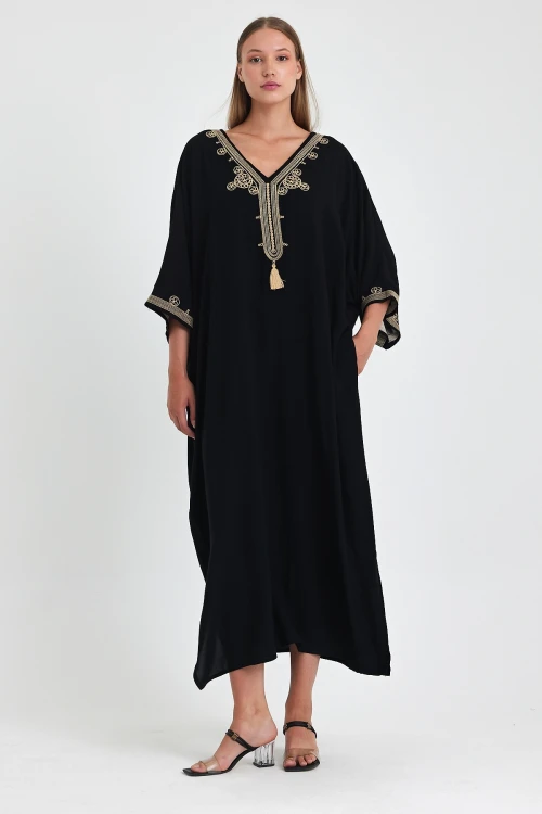 Maxi Boy Siyah Nakış İşlemeli Dokuma Viscon Elbise BCVL-251086