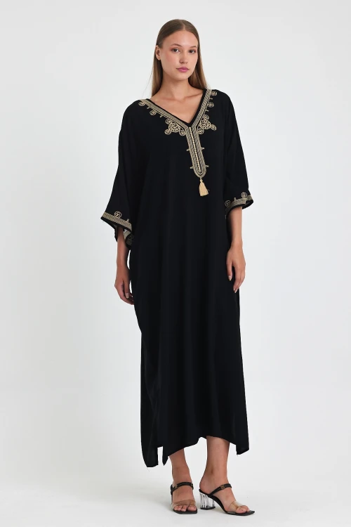 Maxi Boy Siyah Nakış İşlemeli Dokuma Viscon Elbise BCVL-251086