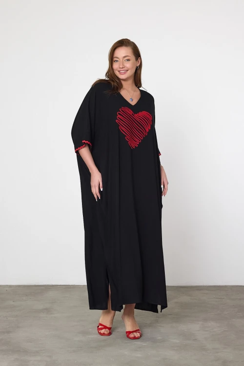 Maxi Boy Siyah Nakış İşlemeli Dokuma Viscon Elbise BCVL-25V034